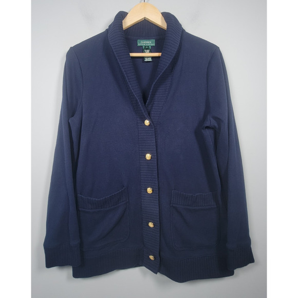 Lauren Ralph Lauren Cardigan Women S Cotton Sweater Gold Crest Button Navy Blue - Picture 1 of 10